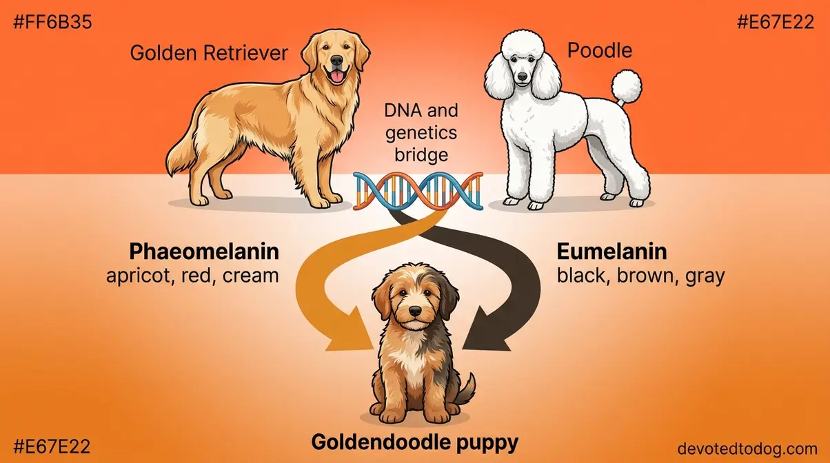 Illustration showing Golden Retriever and Poodle genetic pigment pathways creating Goldendoodle coat colors