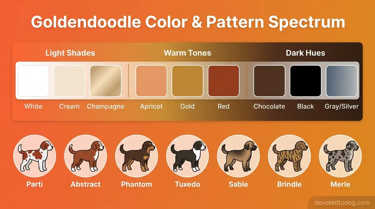 Infographic showing 12 Goldendoodle coat colors and patterns from common apricot to rare merle