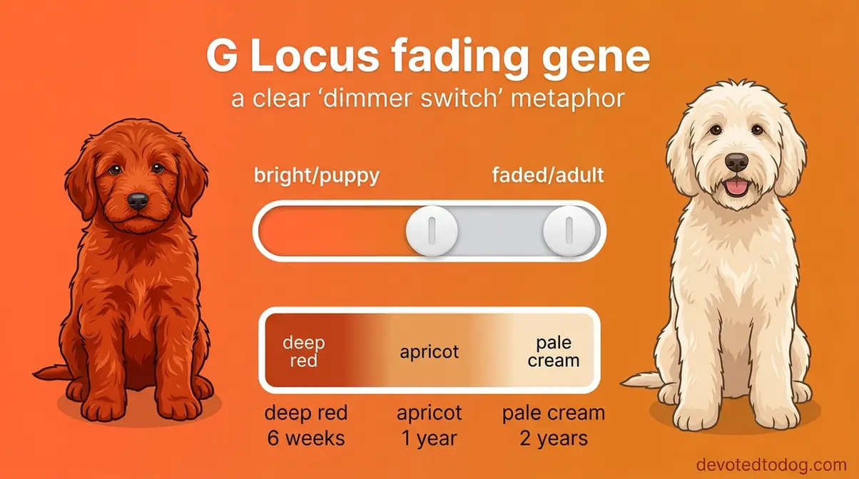 Illustration showing G Locus fading gene dimmer switch effect on Goldendoodle coat color over time