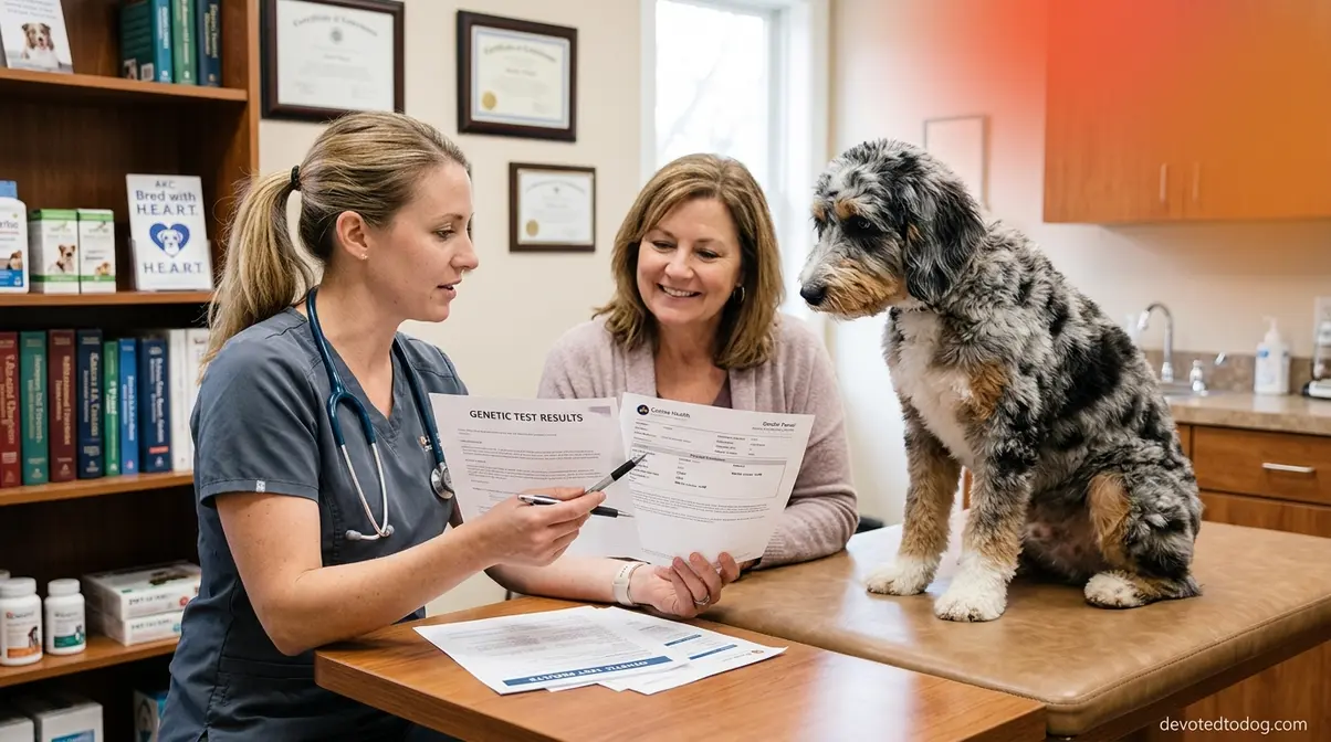 Veterinarian reviewing genetic test documents alongside a merle Goldendoodle for responsible breeding consultation