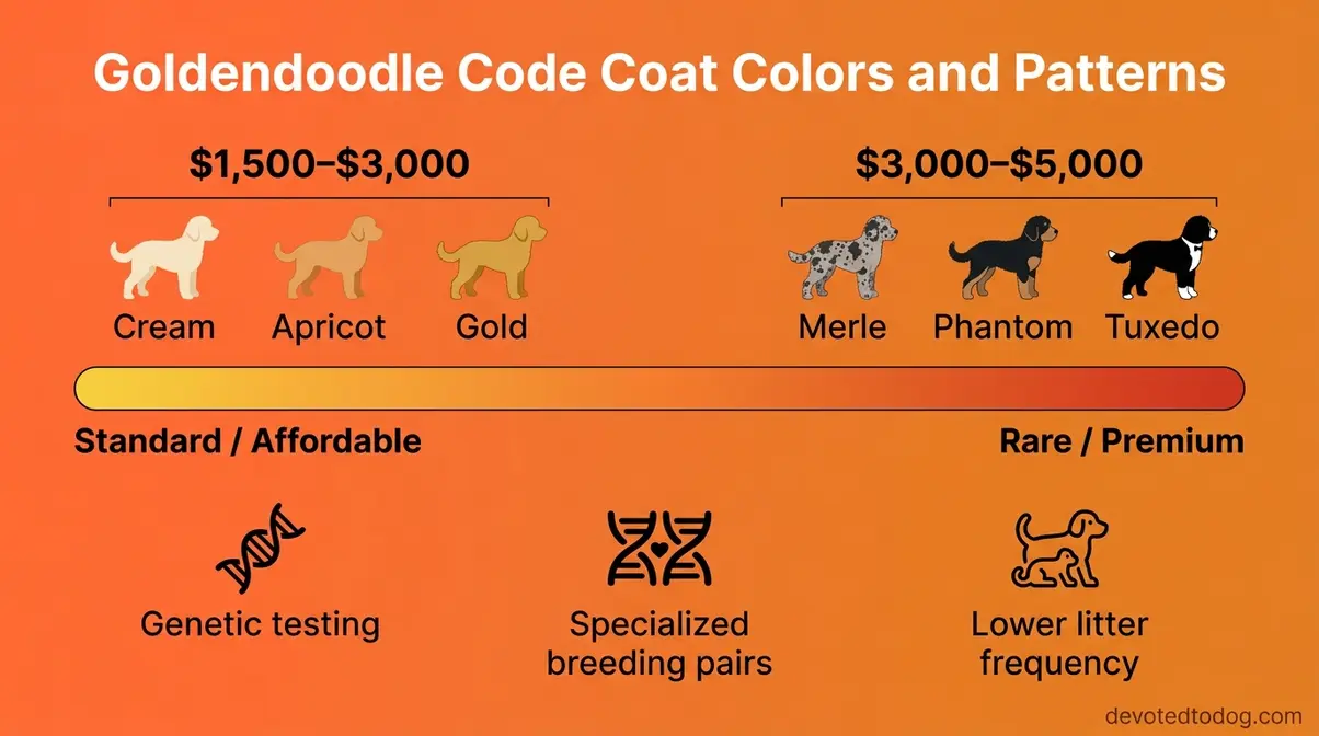 Infographic showing Goldendoodle coat color rarity and pricing spectrum from standard to rare patterns