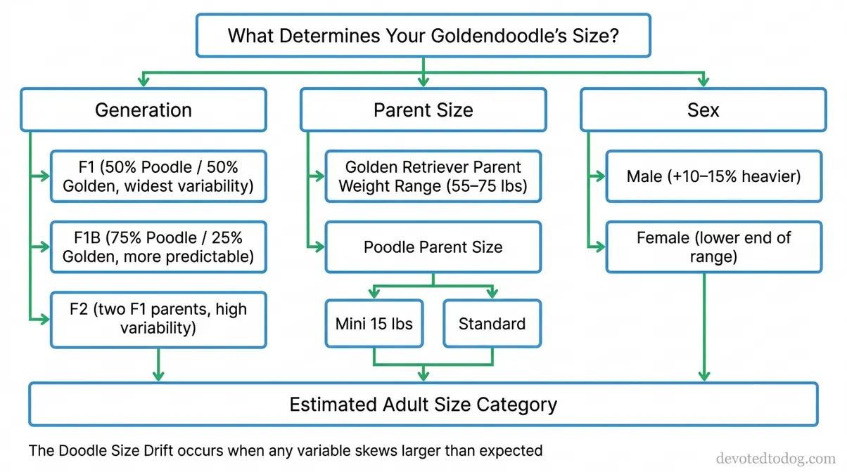 Flowchart showing how F1, F1B, and F2 Goldendoodle generations and parent size determine final adult goldendoodle sizes