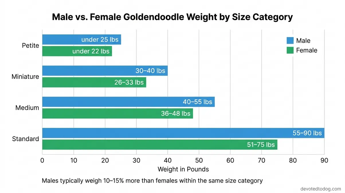 Side-by-side bar chart comparing male and female weight ranges for all four Goldendoodle size categories