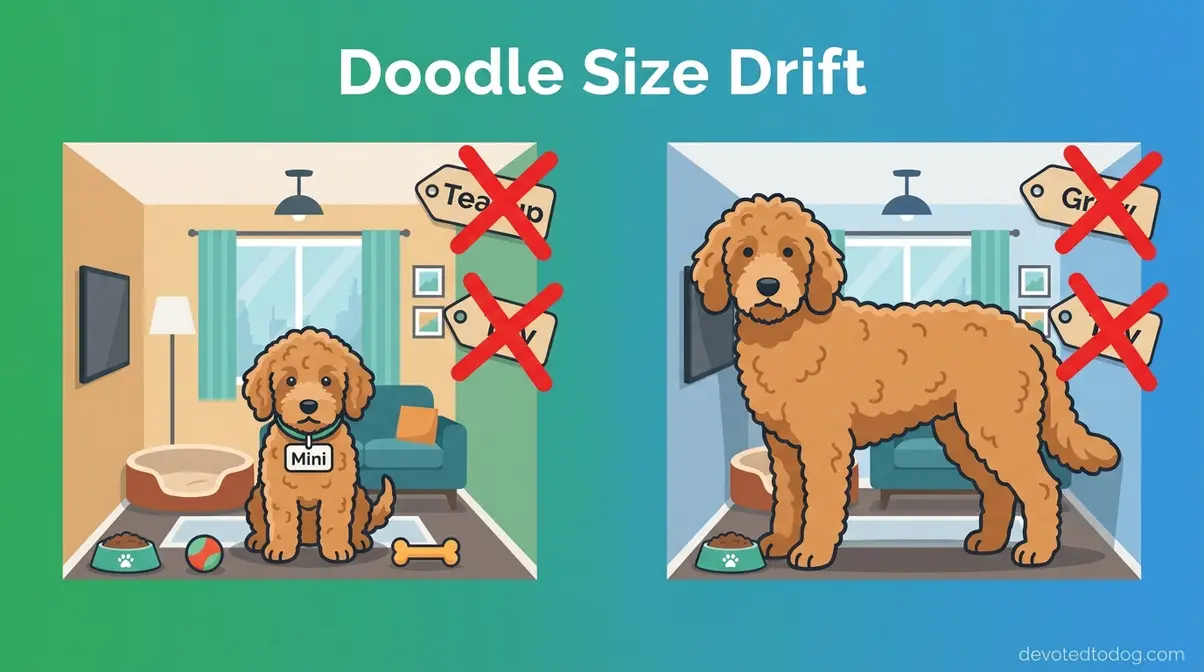 Illustration showing a Mini Goldendoodle puppy growing into a much larger dog than the size label suggested