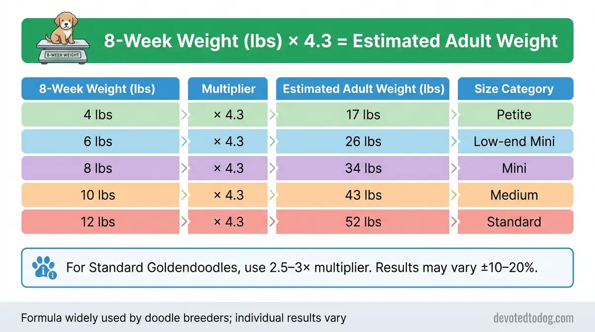 Infographic showing the 8-week puppy weight formula with example calculations to predict adult Goldendoodle sizes