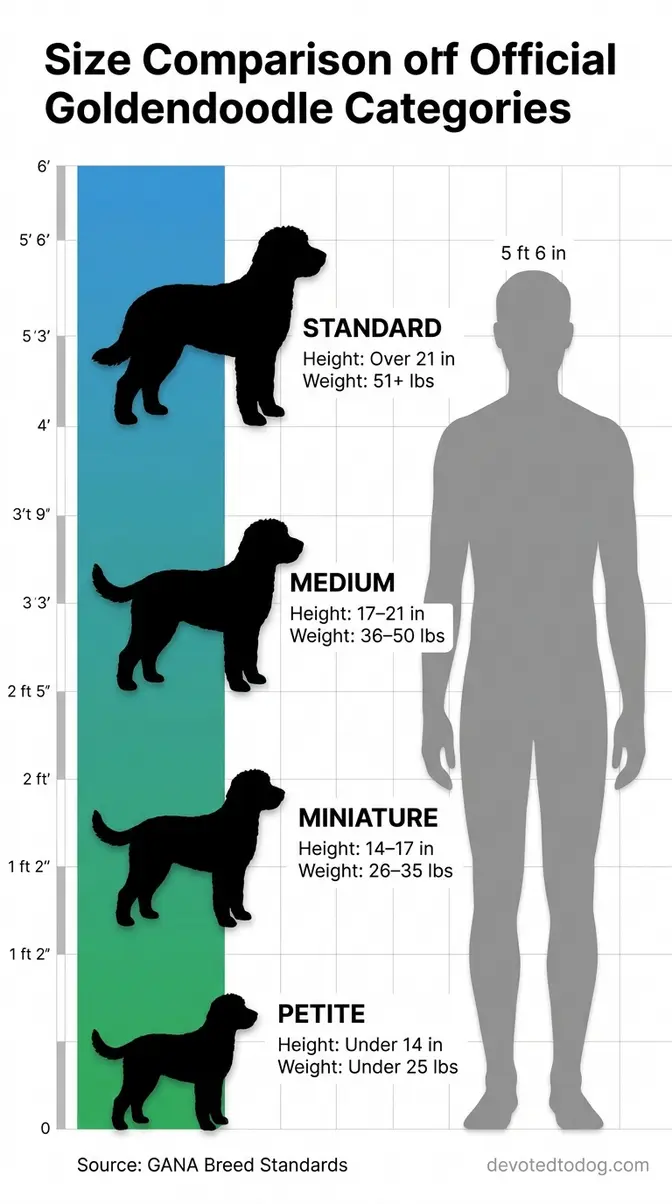 Goldendoodle size comparison infographic showing Petite, Mini, Medium, and Standard next to human silhouette with height and weight ranges