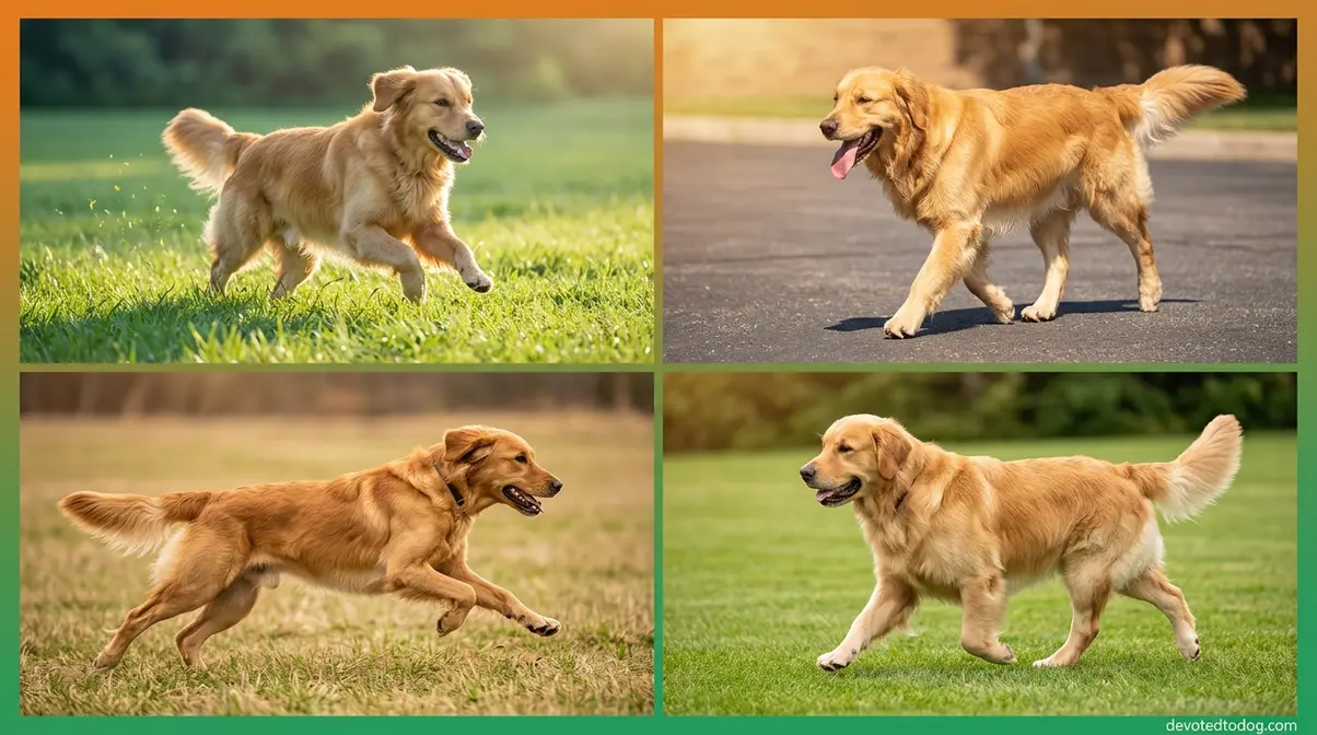 Golden retriever running in different conditions showing how terrain, temperature, and build affect speed