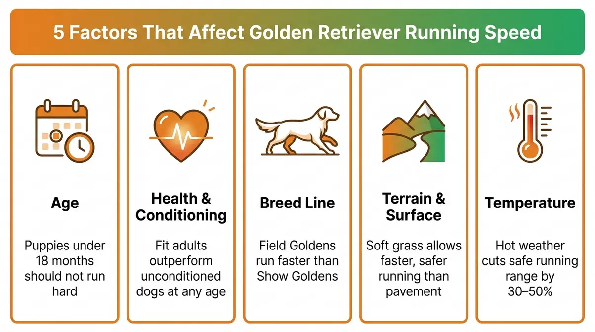 Chart showing five factors affecting golden retriever running speed: age, health, breed line, terrain, and temperature
