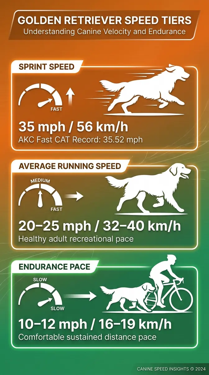 Infographic showing golden retriever speed tiers: sprint at 35 mph, average at 20-25 mph, endurance at 10-12 mph