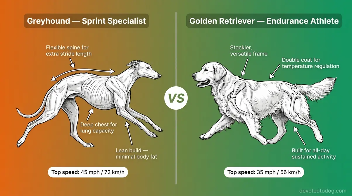 Comparison infographic showing greyhound versus golden retriever body types and top running speeds side by side