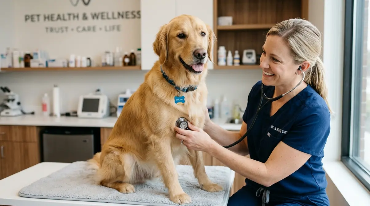A veterinarian conducting a health check on a Golden Retriever to determine its health and potential lifespan.