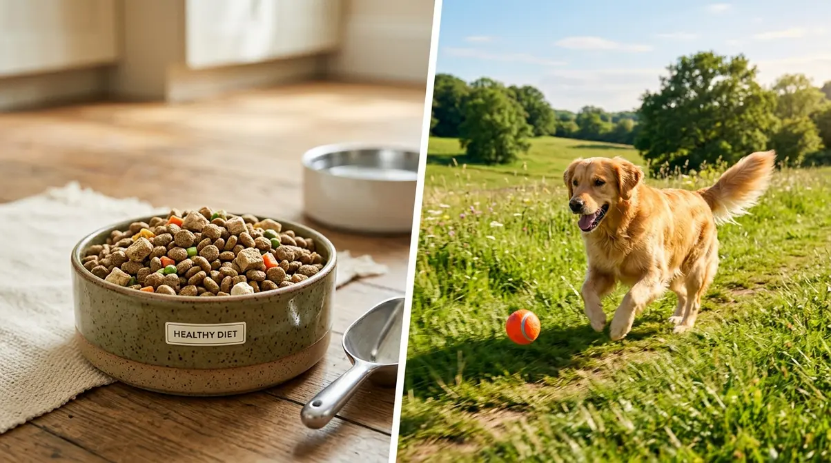 A split image showing a healthy bowl of dog food and an active Golden Retriever, representing factors that affect their lifespan.