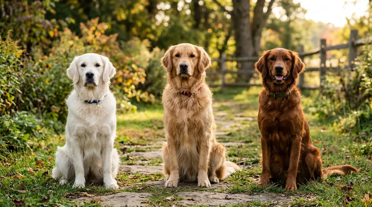 Three Golden Retrievers with different coat colors from light cream to dark gold, showing breed variation.