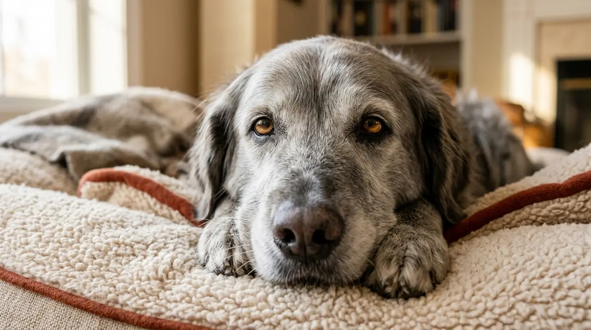 A peaceful senior Golden Retriever with a gray muzzle, representing the age a Golden is considered a senior dog.