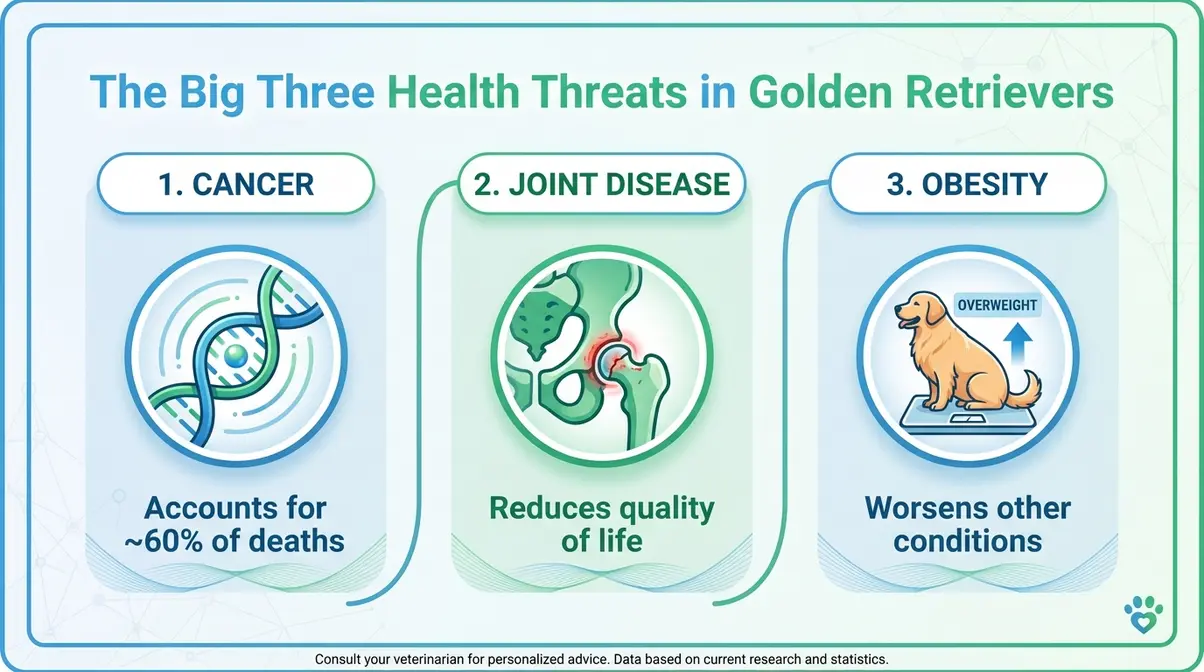 Infographic showing cancer, joint disease, and obesity as the three main health threats affecting Golden Retriever lifespan.