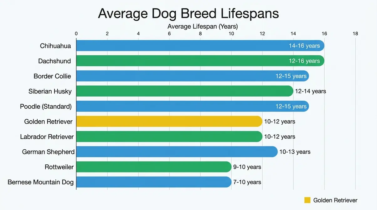 A bar chart comparing the average lifespan of a Golden Retriever to nine other popular dog breeds like Labradors and Chihuahuas.