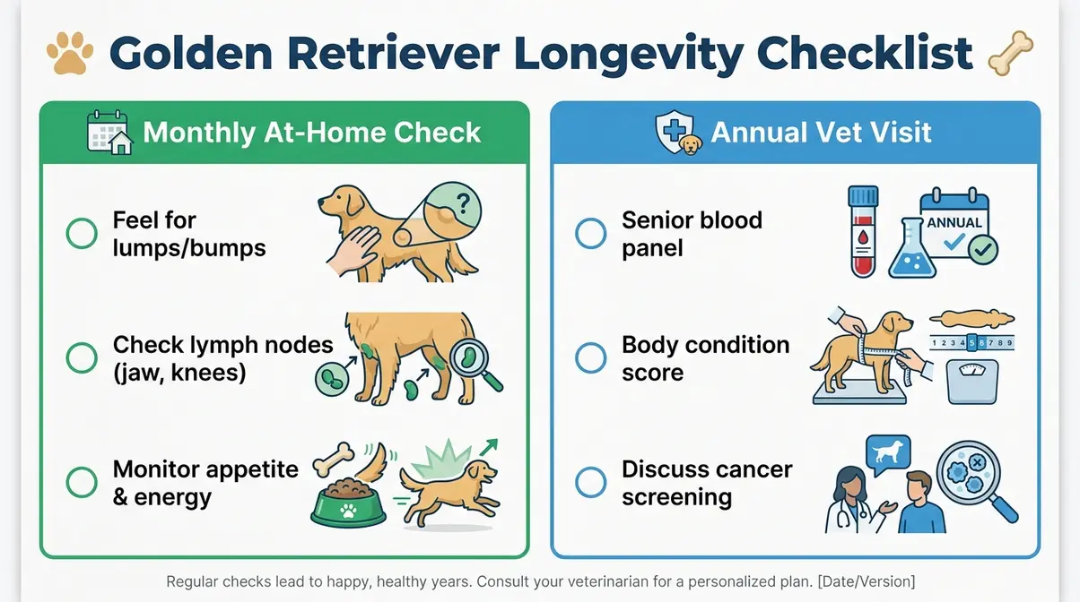 A printable senior health checklist for Golden Retrievers, with steps for a monthly at-home exam and reminders for vet visits.