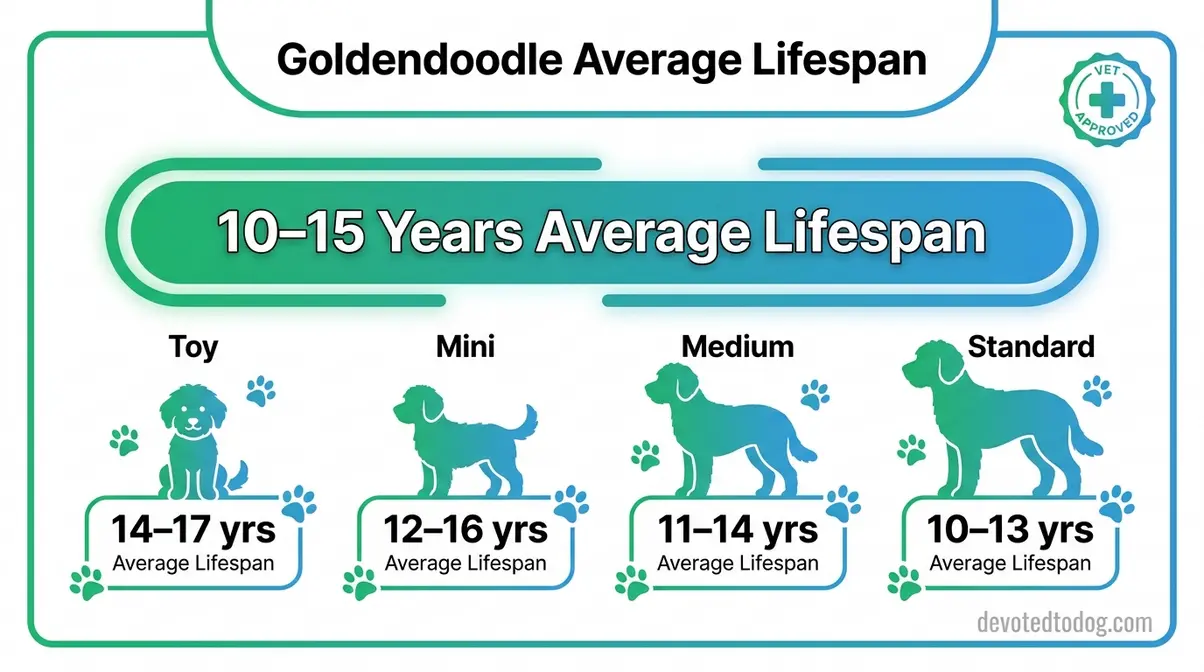 Goldendoodle lifespan infographic showing how long Goldendoodles live with 10 to 15 year average and size comparison