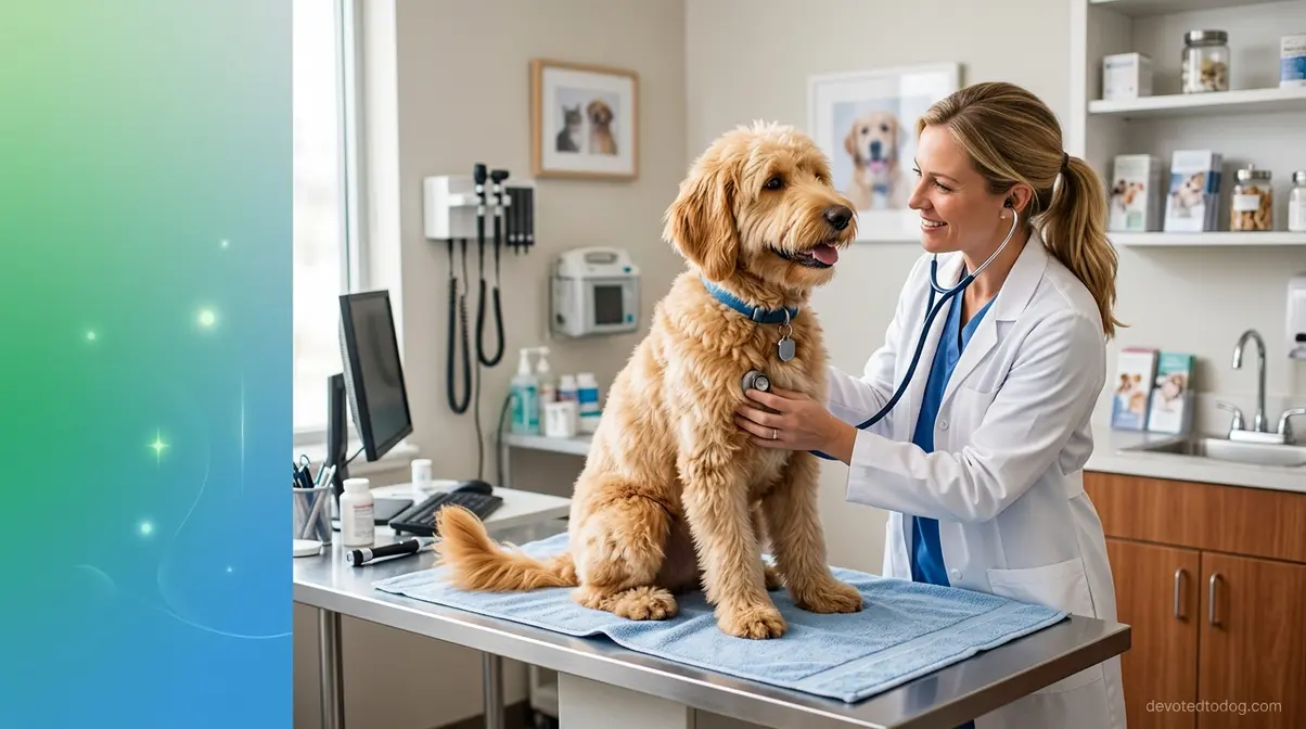 Veterinarian examining a healthy Goldendoodle representing the key health factors that shape Goldendoodle lifespan