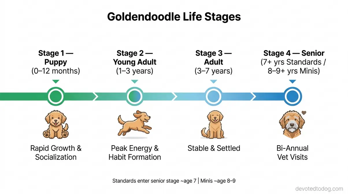 Goldendoodle life stages timeline from puppy to senior showing key milestones at each age