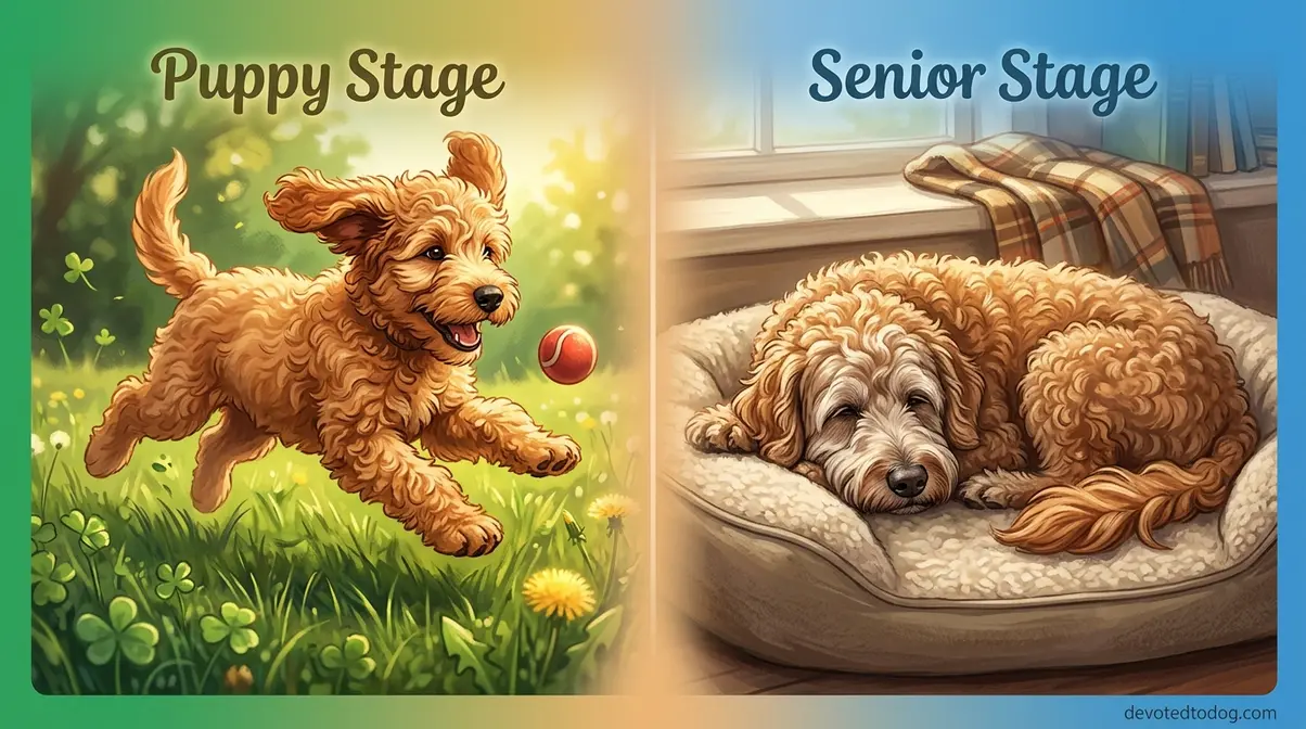 Goldendoodle puppy and senior dog side by side illustrating life stages from young to older age