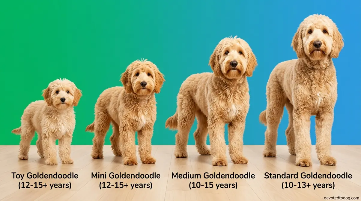 Four Goldendoodles of different sizes from Toy to Standard showing size and lifespan differences side by side