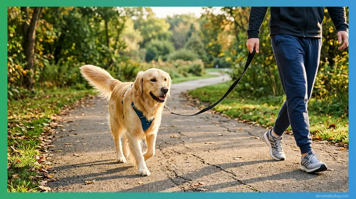 Golden Retriever on a brisk morning leash walk showing recommended daily exercise routine for the breed