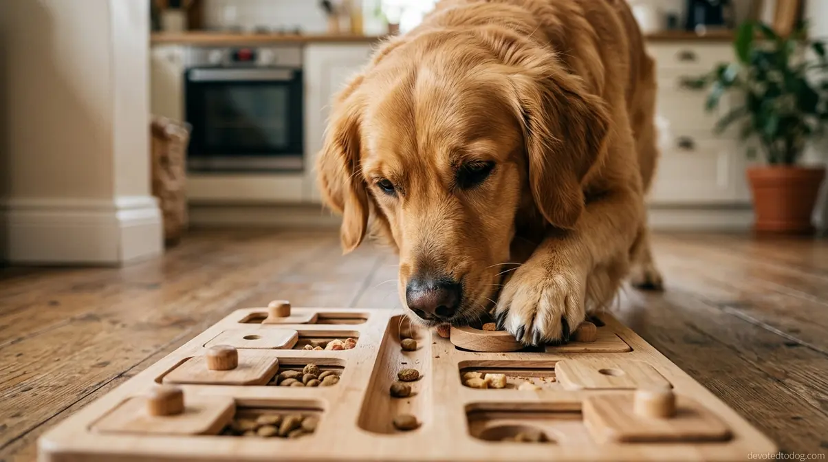Golden Retriever using a puzzle feeder for mental stimulation showing cognitive enrichment as part of daily exercise