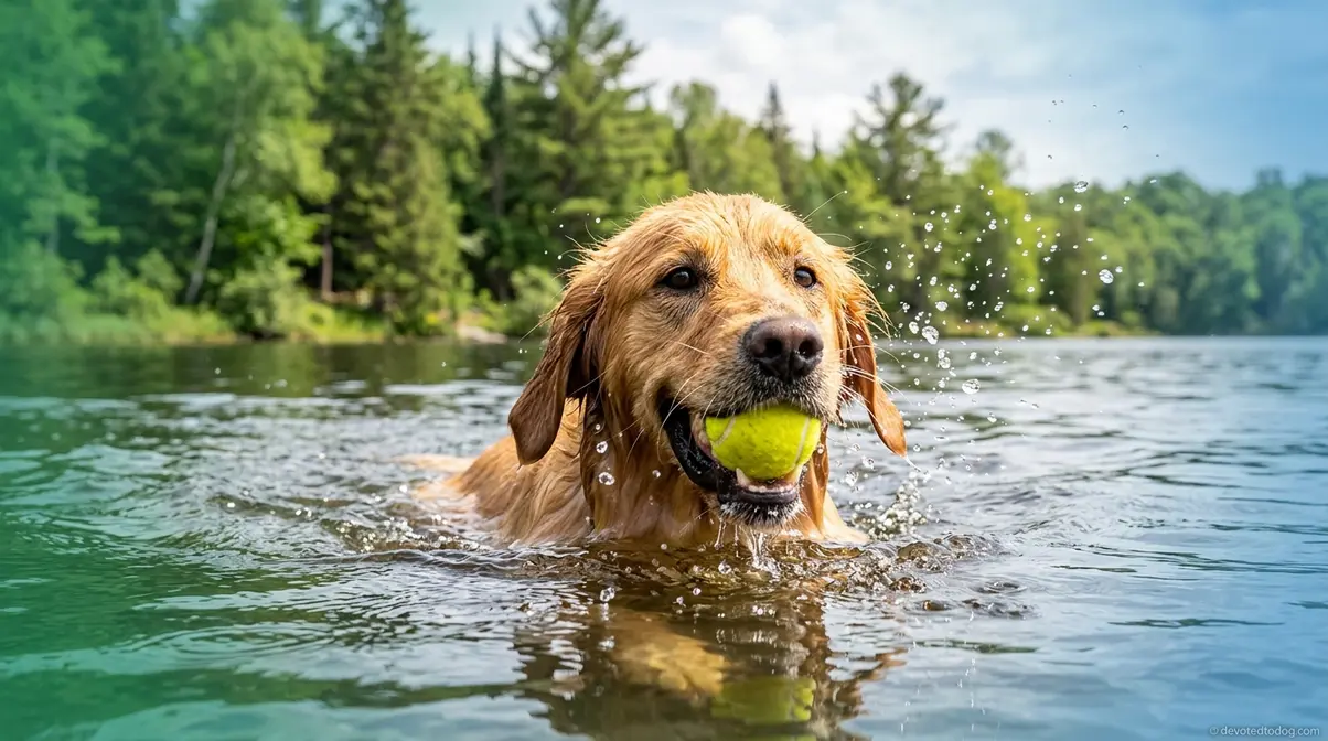 Golden Retriever swimming and retrieving a ball in a lake showing low-impact exercise ideal for joint health