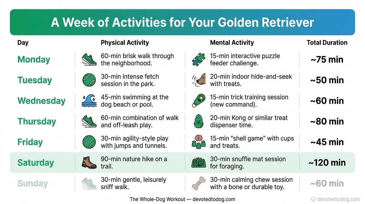 Weekly exercise schedule chart for golden retrievers showing daily physical and mental activities with total duration