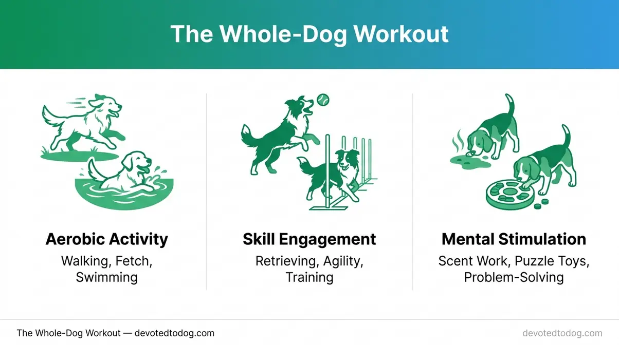 Infographic showing three components of golden retriever exercise: aerobic activity, skill engagement, and mental stimulation