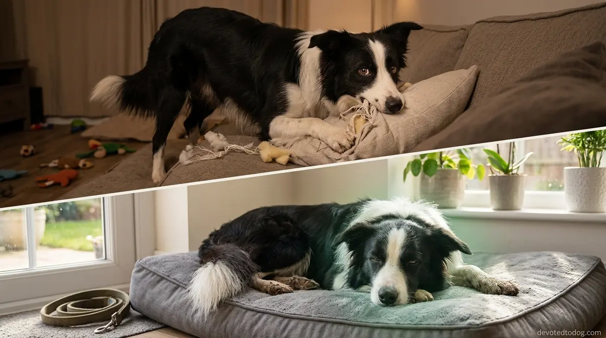 Border Collie showing destructive behavior from under-exercise compared to calm settled behavior after adequate walking