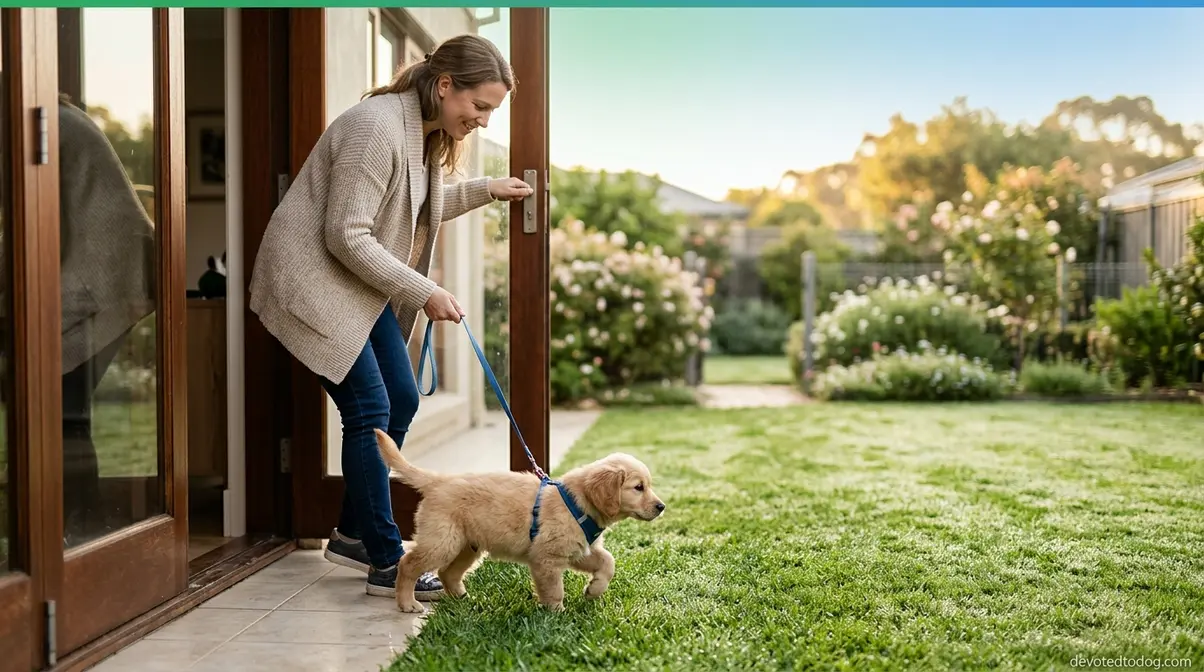 Dog owner opening door for golden puppy potty break outside on green lawn in morning light