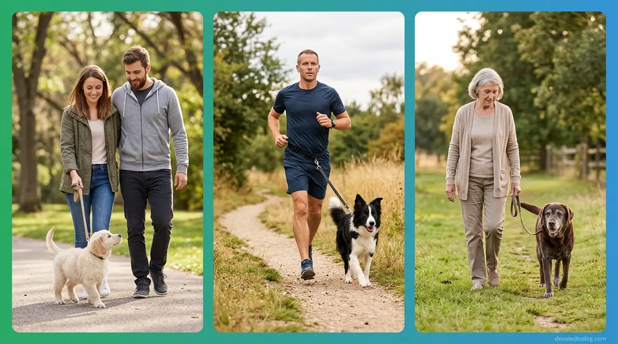 Three dog owners walking dogs at different life stages — puppy, adult border collie, and senior Labrador