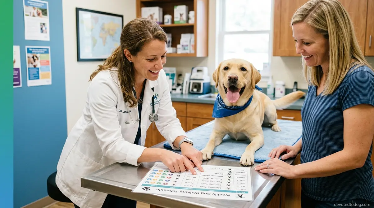 Veterinarian reviewing a dog walking schedule with a dog owner and Labrador Retriever in a clinic