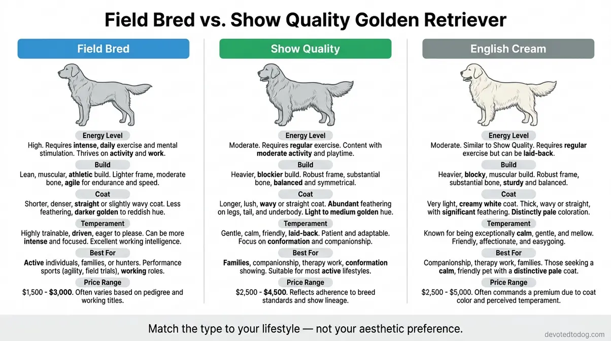 Comparison chart showing differences between field bred and show quality golden retriever puppies