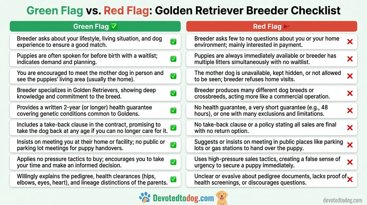 Green flag red flag checklist for choosing a reputable golden retriever puppy breeder
