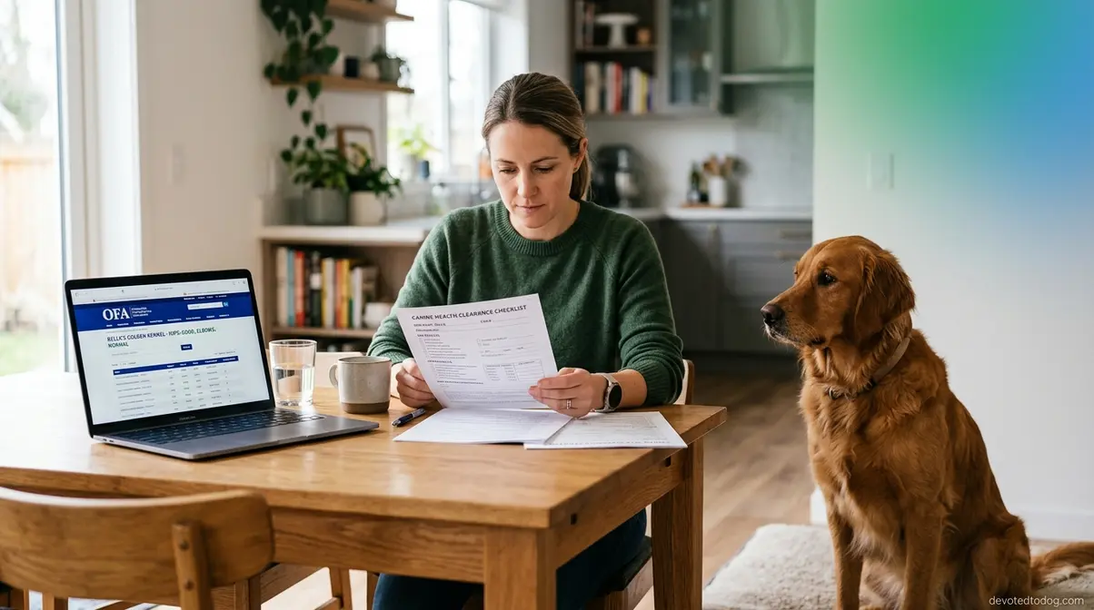 Person verifying golden retriever breeder health clearances on OFA database with checklist