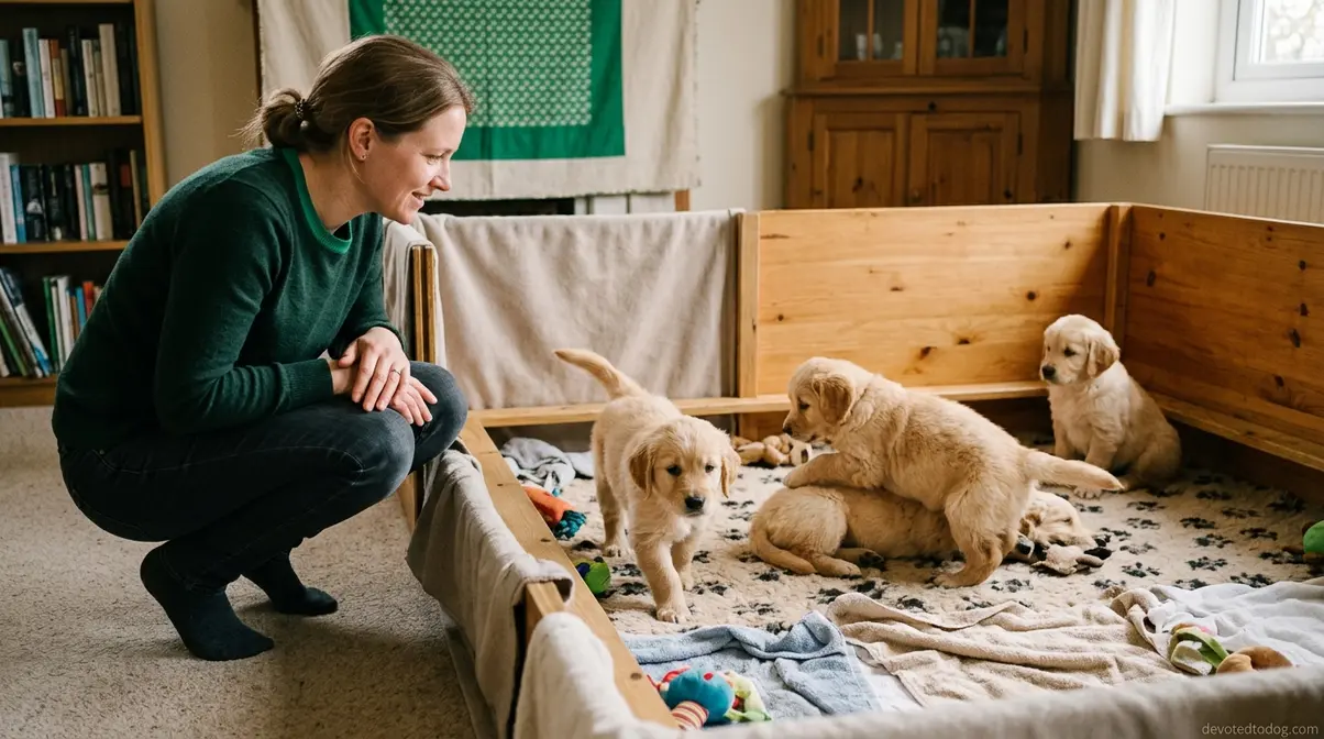 Person observing golden retriever puppy litter temperament before selecting a puppy
