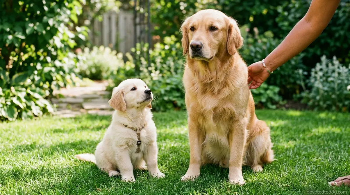 Golden retriever puppy at eight weeks sitting beside a full-grown adult golden retriever for size comparison