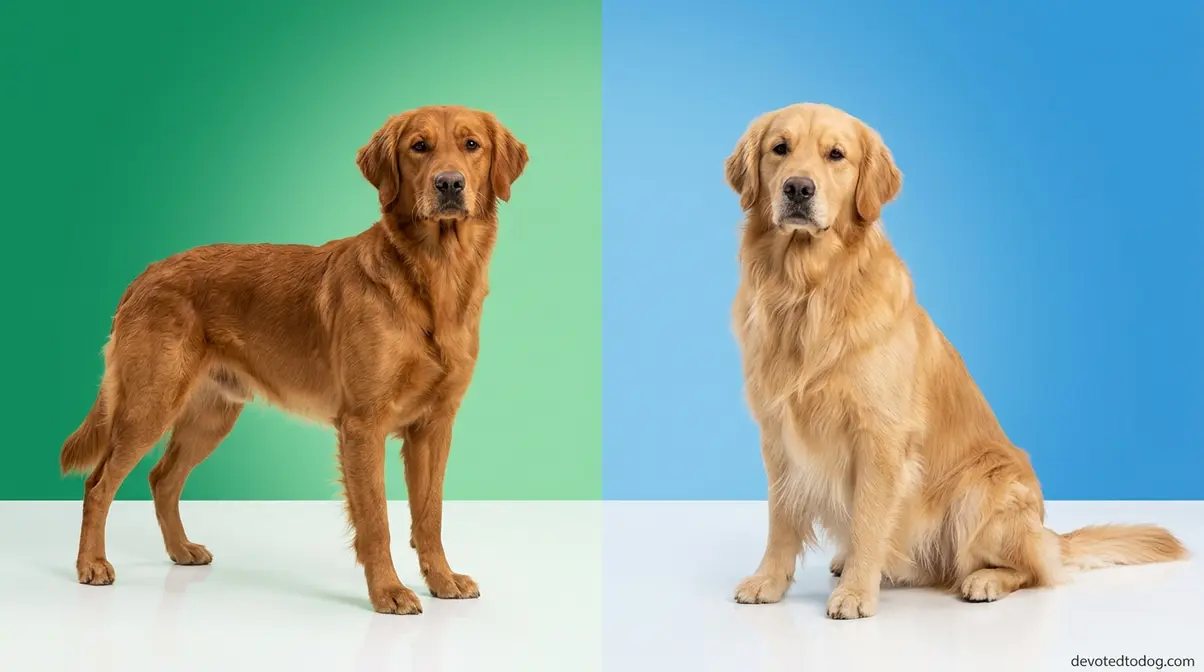 Field bred and show quality golden retriever side by side showing build and coat differences