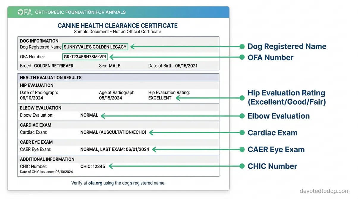 Example of a legitimate OFA health clearance certificate for a golden retriever breeding dog