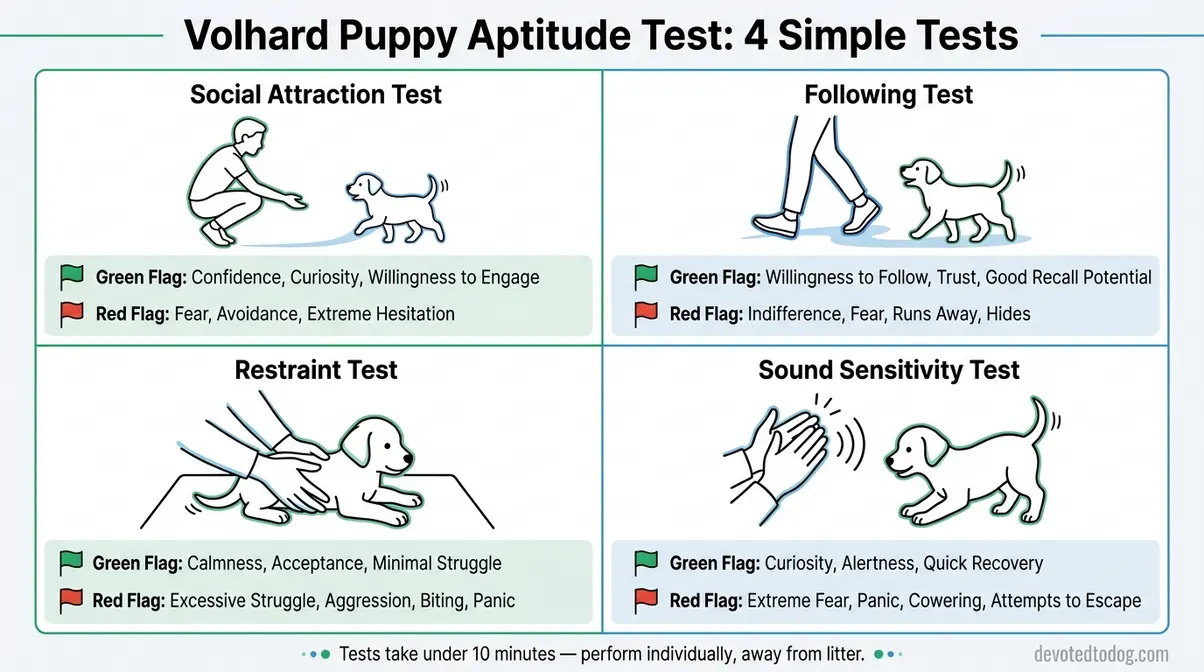 Step-by-step visual guide to the Volhard puppy aptitude test for choosing a golden retriever puppy