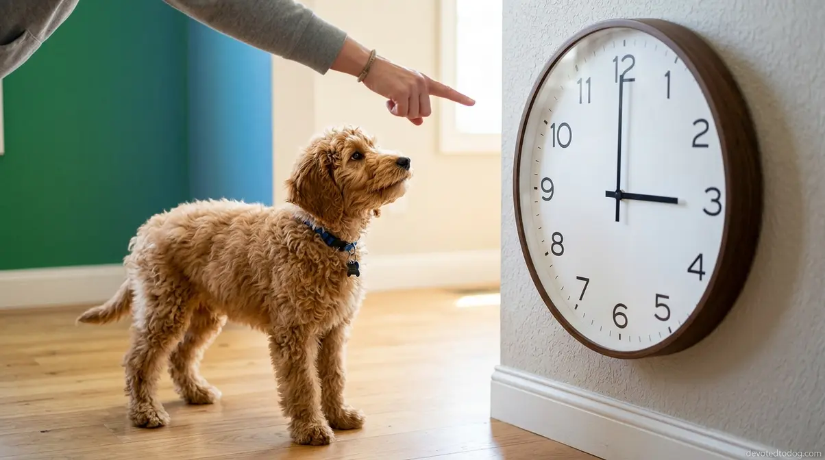 Goldendoodle puppy beside a clock illustrating the timed potty break schedule method