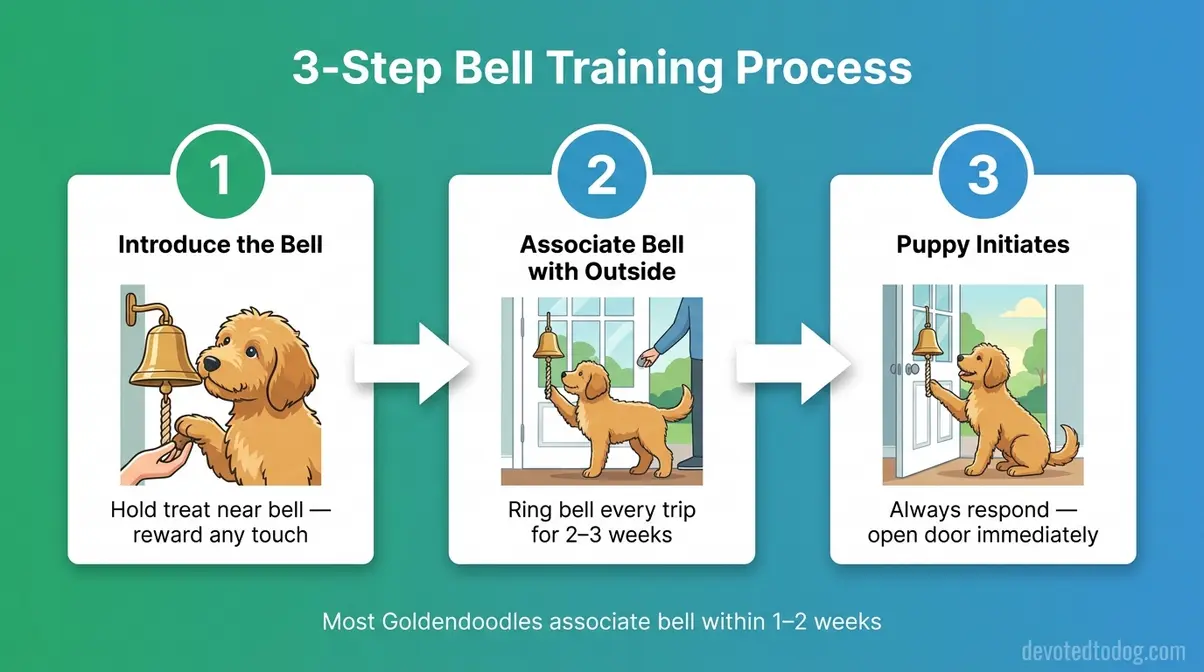 Three-step diagram teaching a Goldendoodle puppy to ring a bell to signal needing to go outside