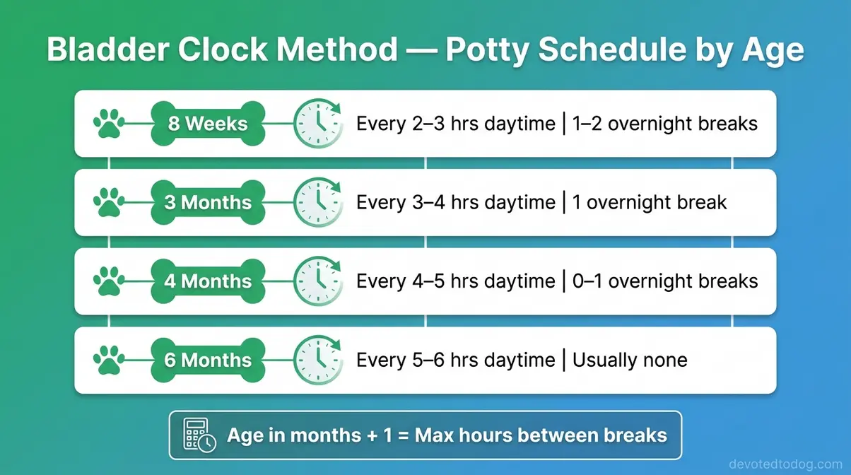 Infographic showing Goldendoodle potty break frequency at 8 weeks, 3 months, 4 months, and 6 months
