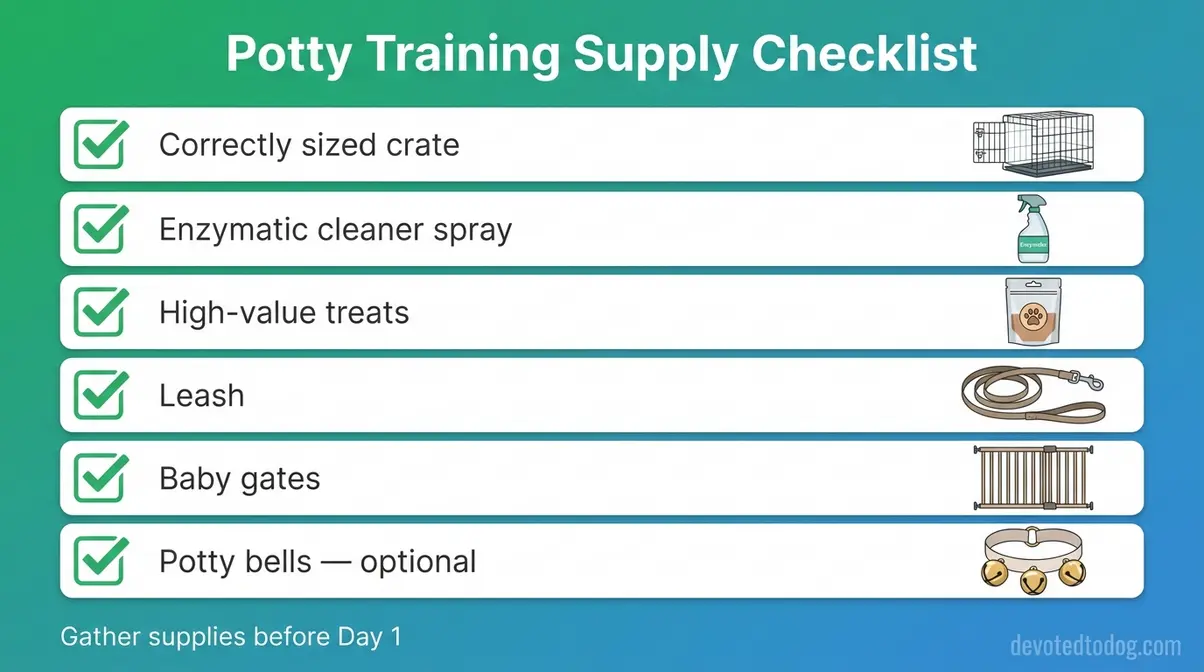 Checklist infographic of six essential supplies for potty training a Goldendoodle puppy