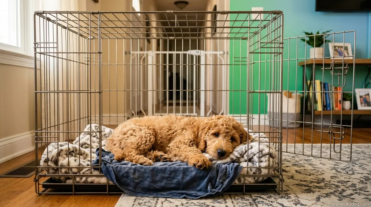 Goldendoodle puppy resting comfortably inside a correctly sized training crate with baby gate visible
