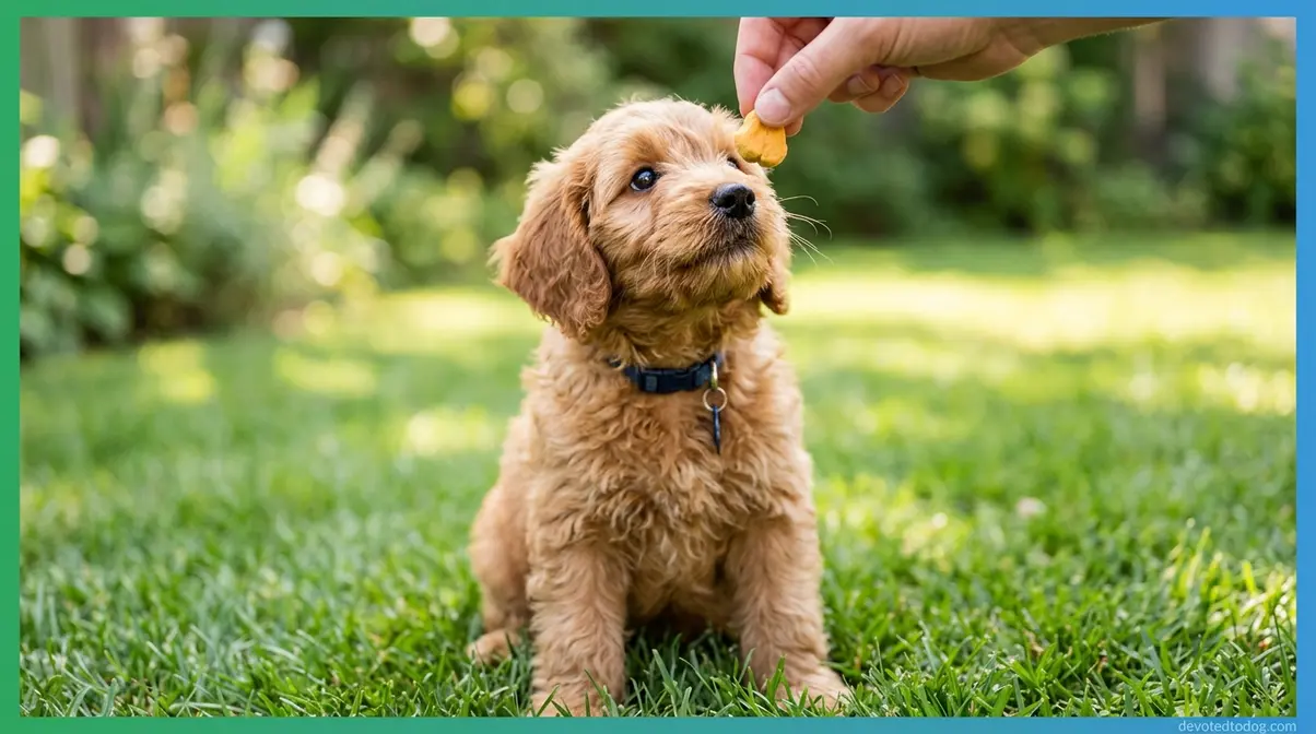 Goldendoodle puppy sitting attentively while receiving a high-value treat reward outdoors