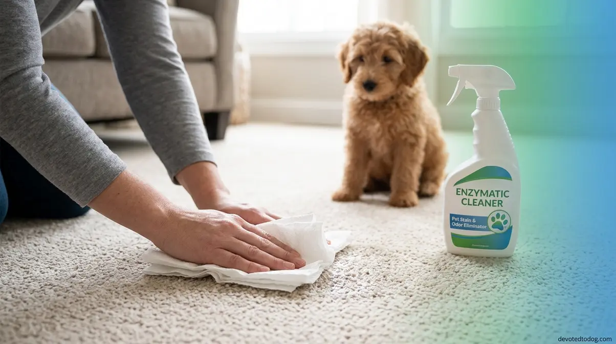 Person cleaning a puppy accident on carpet using paper towels and enzymatic cleaner spray